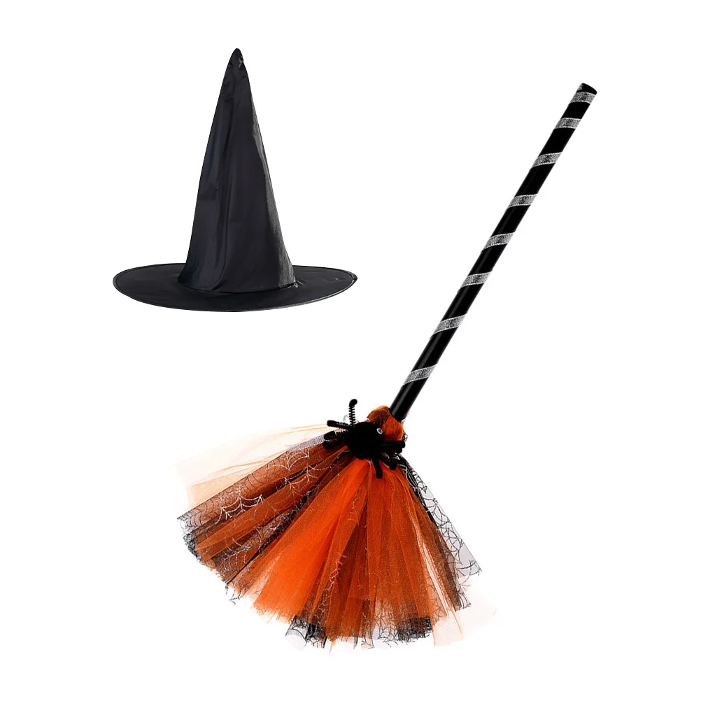 

Halloween Witch Hat Broom Set Cloth Plastic Mesh Stage Performance Party Accessories Witches Broom Cosplay Props