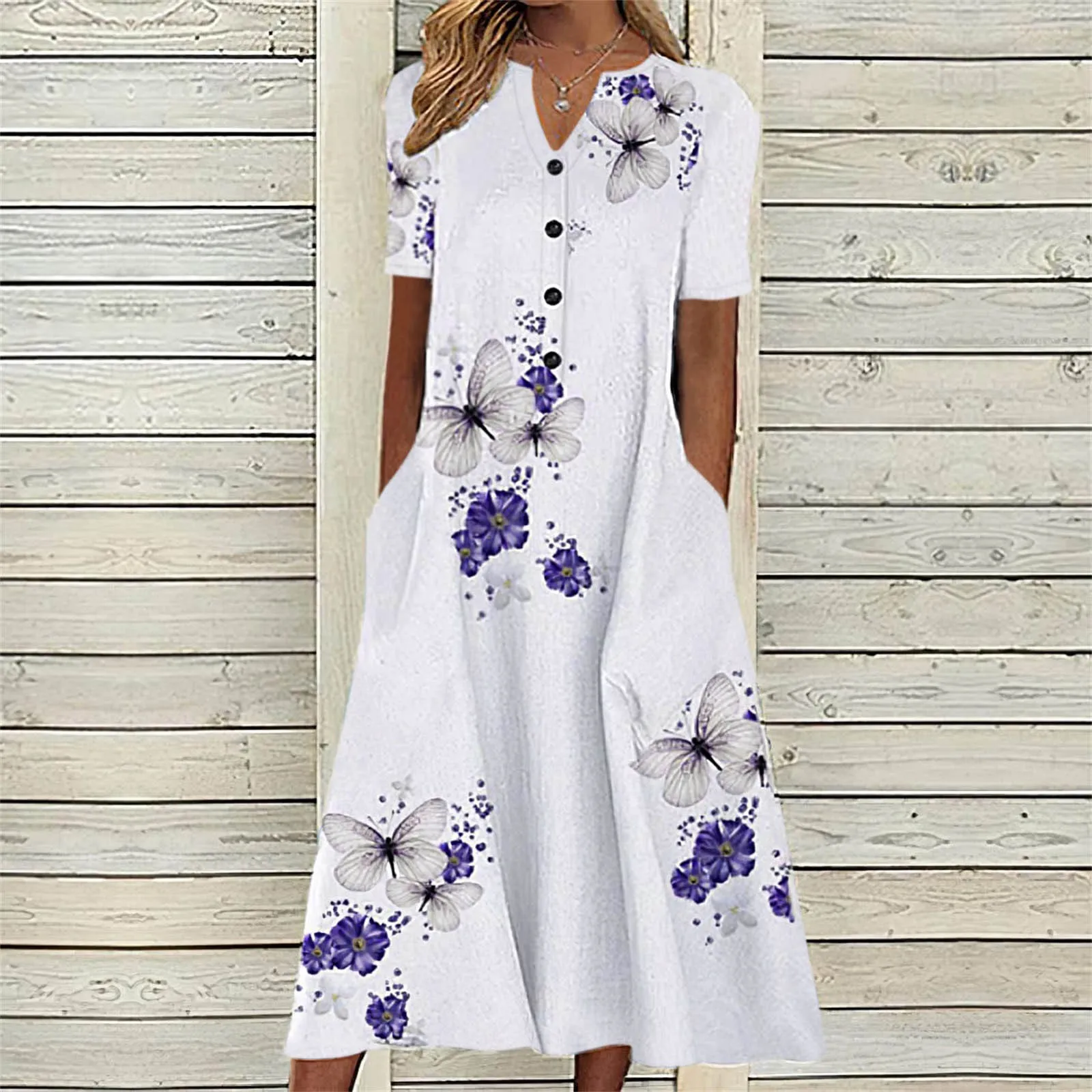 Women Long Dresses Pockets Beach V Neck Casual Button Short Sleeve Dress Floral Print Ladies Loose Baggy Swing Dress Summer