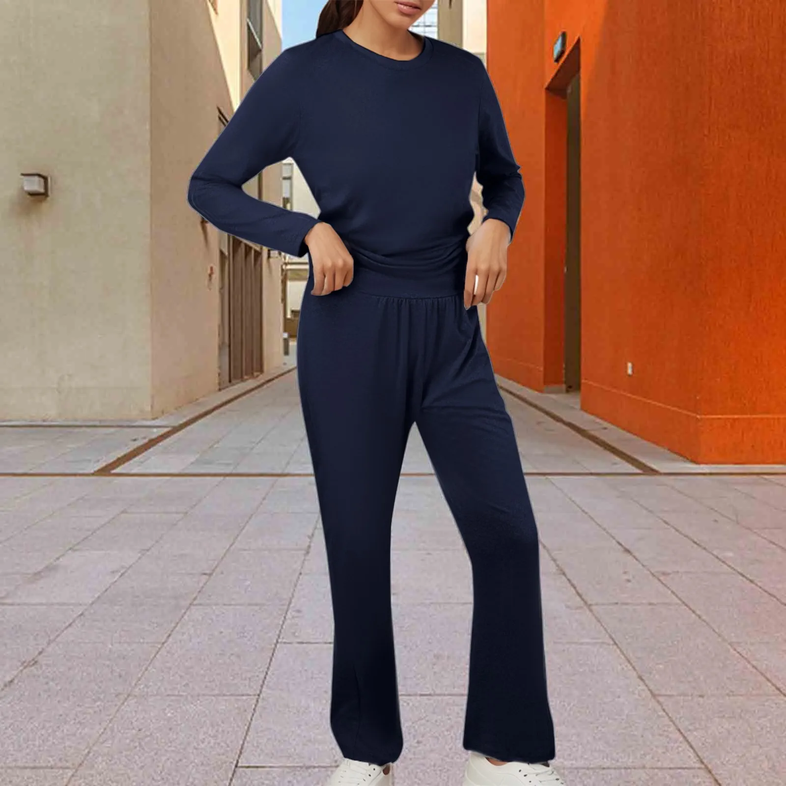 2 Piece Outfits Womens Long Sleeve Slim Crop Top Flare Pants Sports Set Slim Jogger Two Piece Suit Clothes Lounge Tracksuits