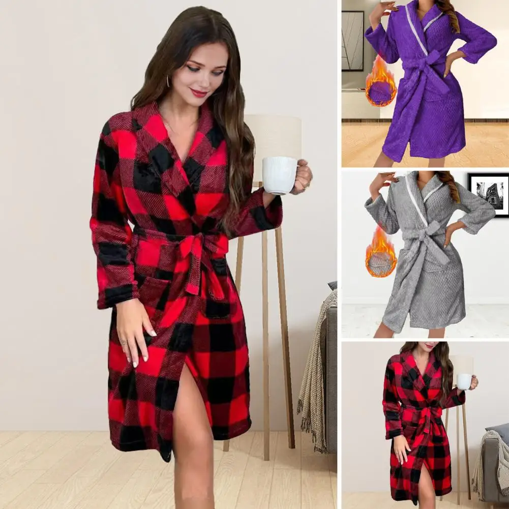 Bathrobe Tie Women’s Plush Fleece Bathrobe with Belt Pockets Thick Warm Flannel Nightgown Soft Cozy Loungewear for Winter