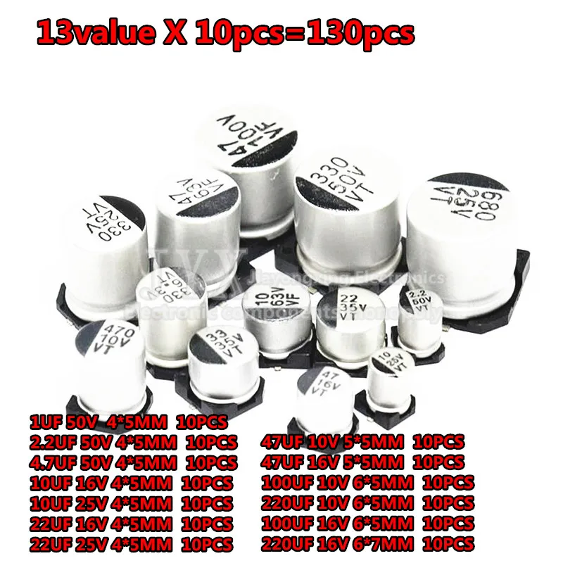 13values*10pcs=130pcs 1uF-220uF SMD Aluminum Electrolytic Capacitor Assorted Kit Set, Samples Kit