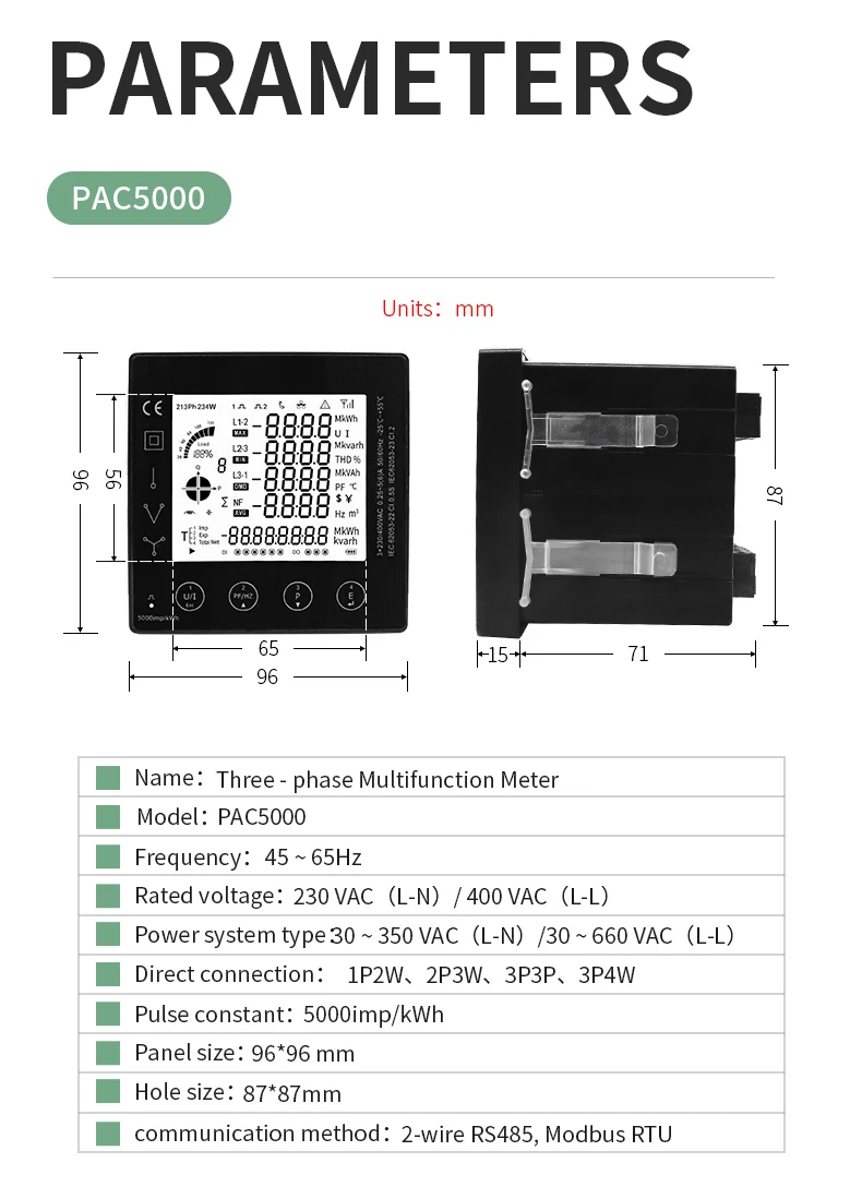 3-Phasen-Energieverbrauchsmessgerät, intelligenter kWh-Stromzähler mit CT 50/100/150/200 A Panel-Messgerät RS485 Modbus PAC5010 5110 – Detail 5