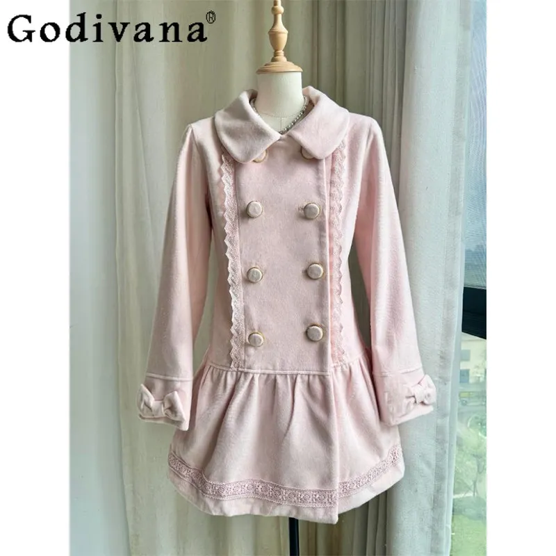 

Новое двубортное розовое пальто в японском стиле с бантом в стиле Лолиты, милая осенне-зимняя шерстяная куртка для женщин