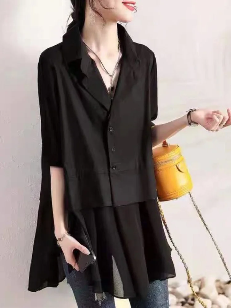 

High-End Patchwork Bla Top Loose ort Sve Women's irt Korean Sle Pure Color Commute Button up Casual Summer irt