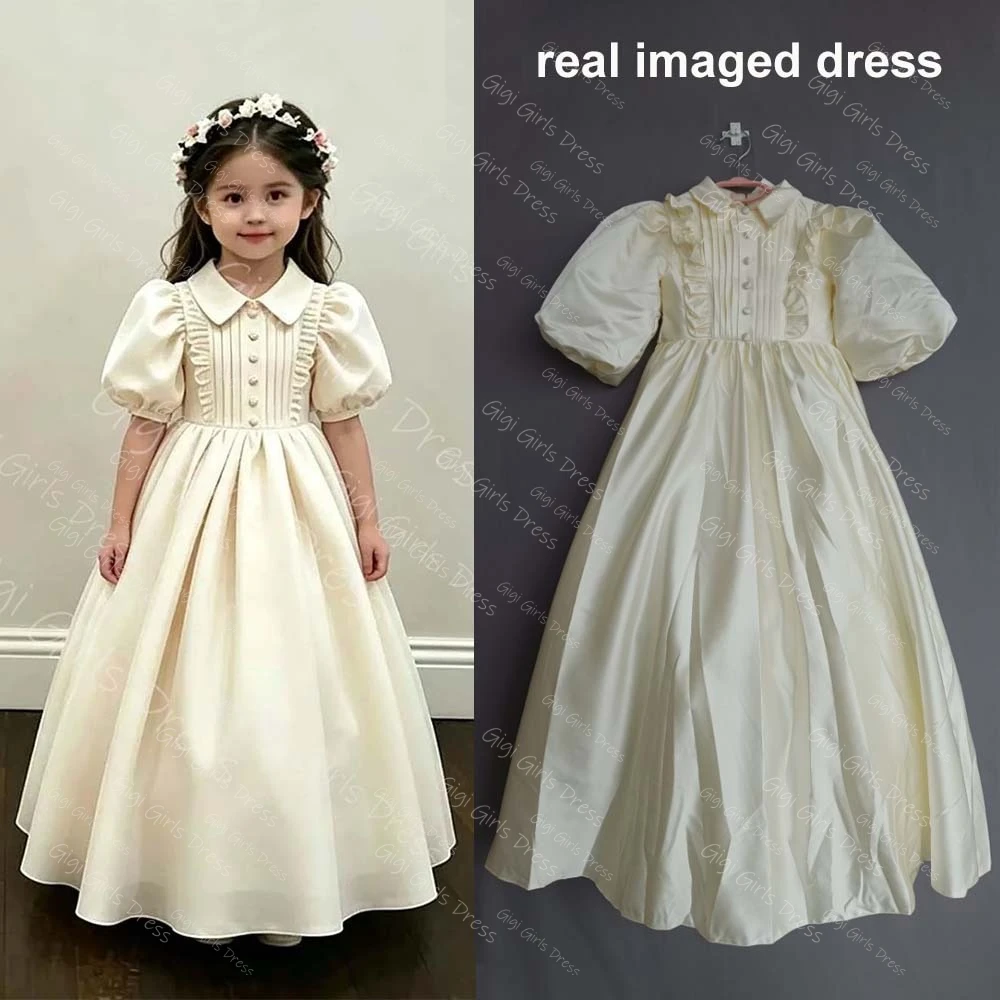 Flower Girl Dress for Wedding Party Toddlers High Neck Balloon Sleeves Ball Gown Pleated Satin First Communion Dress Custom image 6