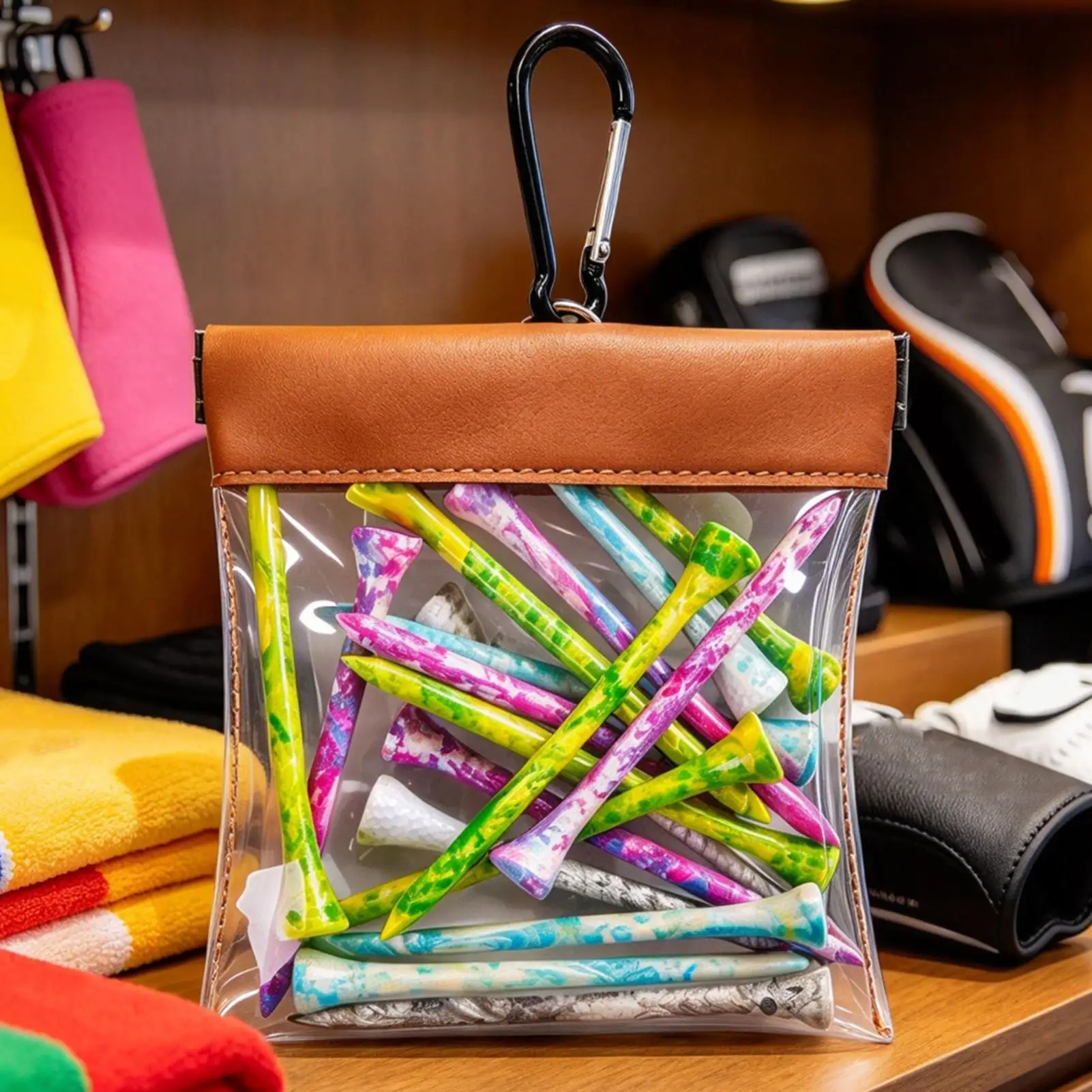 Transparent Wide-Mouth Squeeze Top Golf Storage Bag Hanging Pouch Portable Organizer Self Closing Storage Bag with Hanging Hook