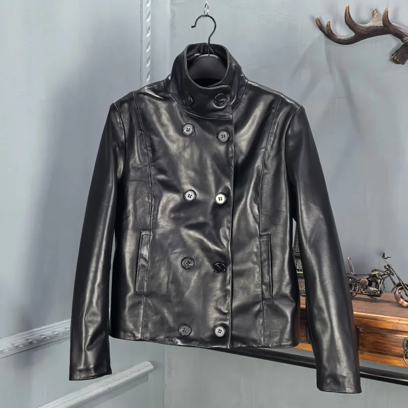 

Spring 2026 ort Genuine Leather Jaet Women's Motorcycle Sle Double Row Buttons Flip Collar eep Skin Coat New Arrival