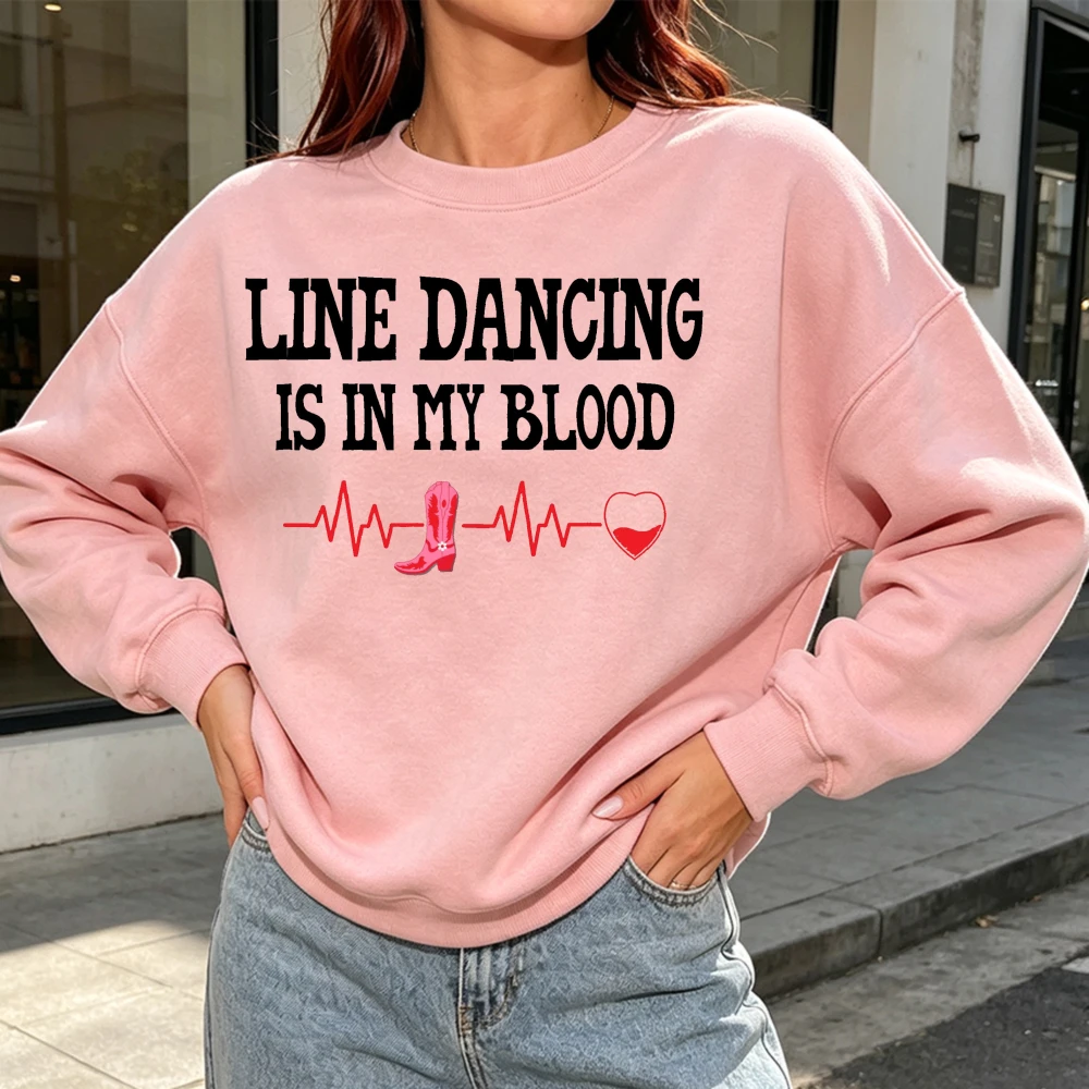 Line Dancing Is in My Blood Hoodie Women's Funny Western Country Cowboy Boots Heartbeat Graphic Cozy Autumn Pullover Gift