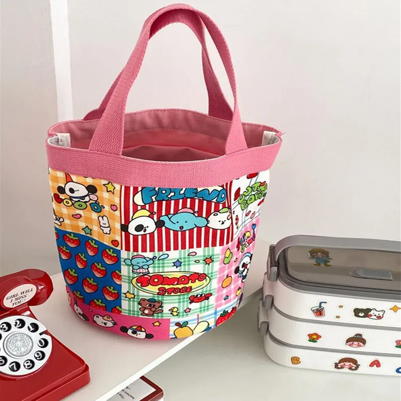 Women Handbag Lovely Cartoon Printed Bucket Bag Portable Cylinder Bag Canvas Tote Bag Students Carry Lunch Bags for Girls