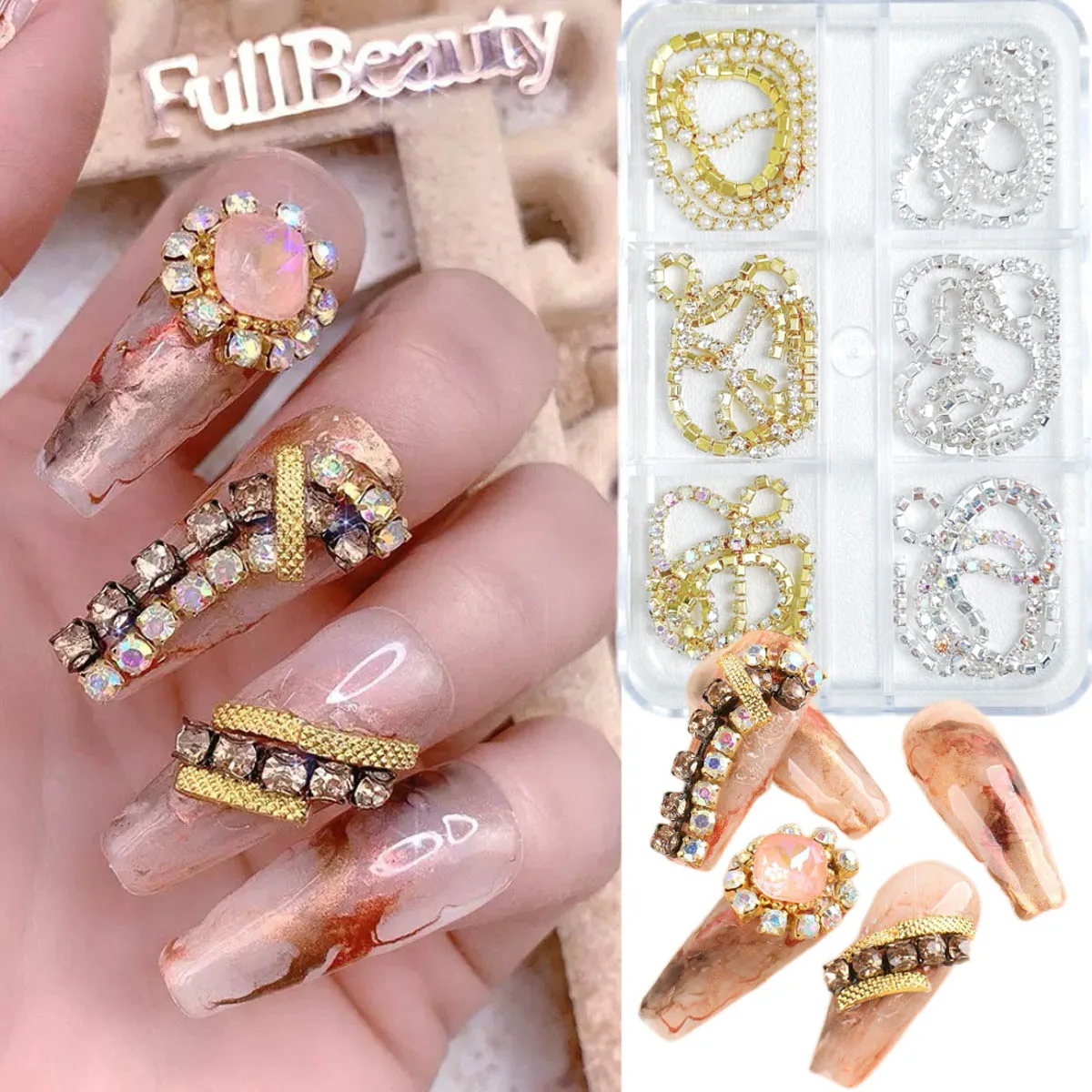 1Box Light Luxury Sparkling Rhinestones Inlaid Alloy Chain Nail Art Decorations Creative Gold Silver Bead Chain Nail Charms DIY