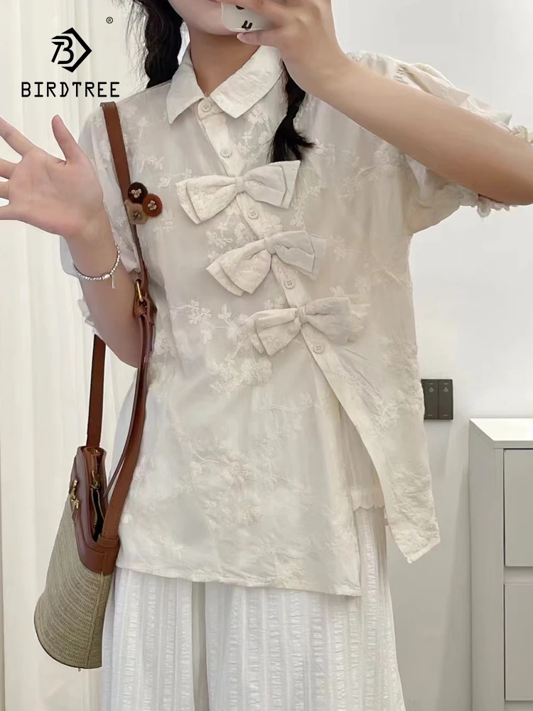 

New Summer Cotton Linen Short Sleeve Shirts Woman Lapel Bow Embroidery Top Mori Girl Casual Loose OL Blouses 2024 Fall T47517QC