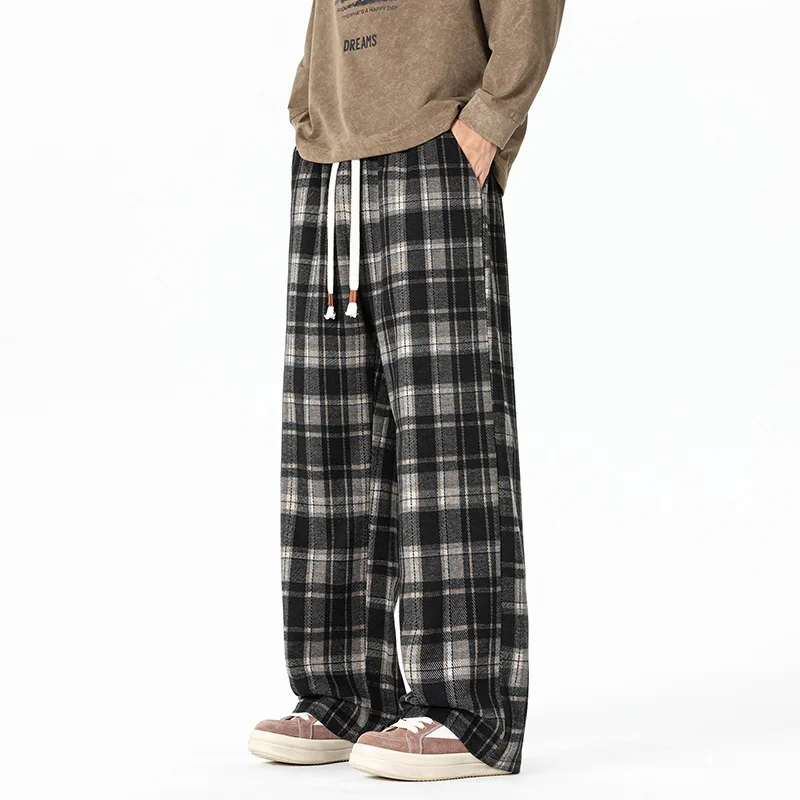 2026 Spring Loose Plaid Pants Men's Vibe Casual Pants Versatile Drape Straight