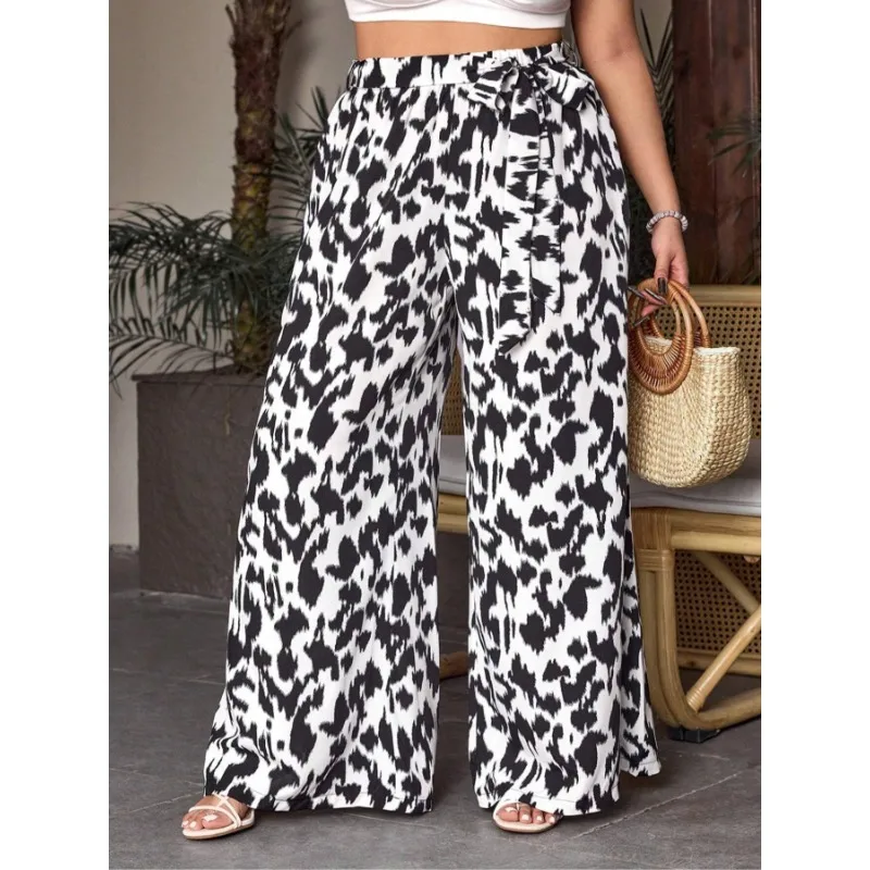 حجم كبير 1XL-5XL المرأة الصيف عارضة أزياء جديدة مطبوعة واسعة الساق مرونة الخصر السراويل