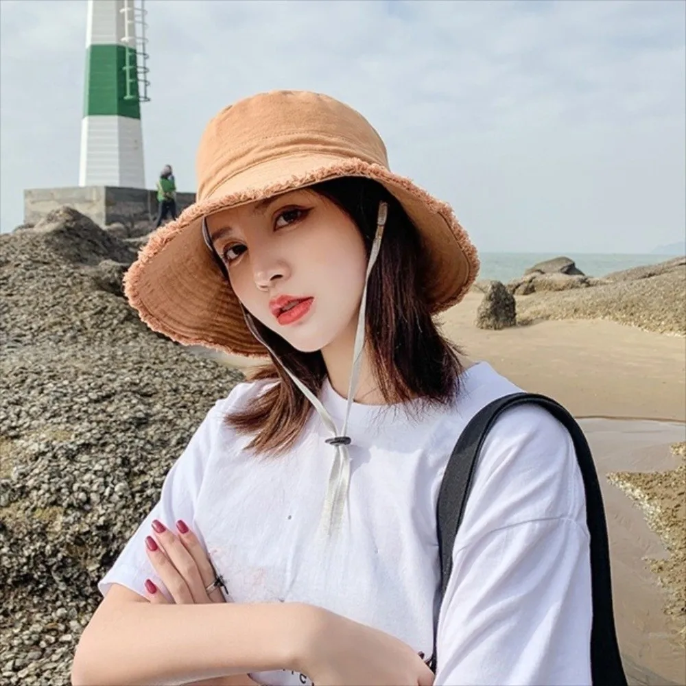 أزياء قابل للتعديل الدنيم دلو قبعة واقية من الشمس الأشعة فوق البنفسجية حماية الجينز صياد قبعة كبيرة الحواف الكورية نمط واقية من الشمس قبعة النساء #4