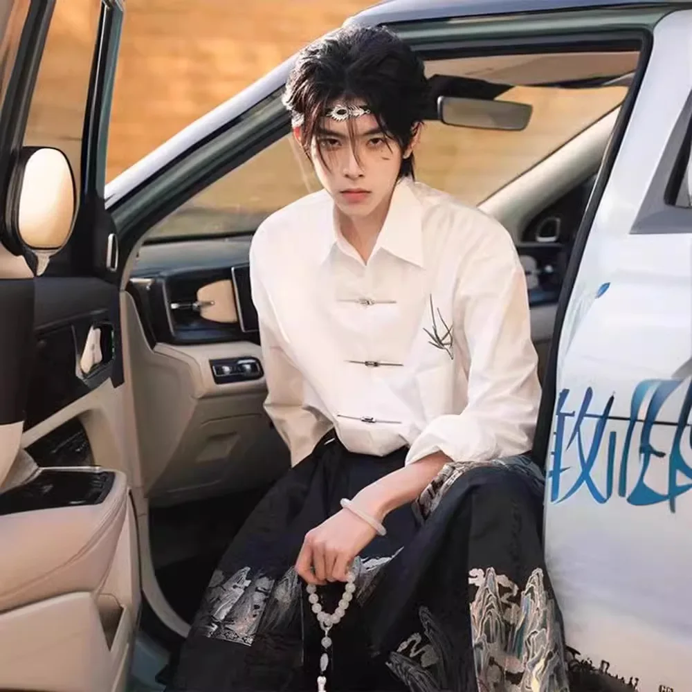 

Мужская новая китайская рубашка в китайском стиле, мужской высококачественный красивый топ с юбкой с конским лицом, рубашка с длинными рукавами