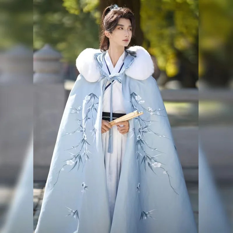 Men's Thicken Velvet Bamboo Printing Long Robe Vintage Royal Knight Cosplay Plush Collar Cape Winter Failry Ice Snow Hanfu Cloak