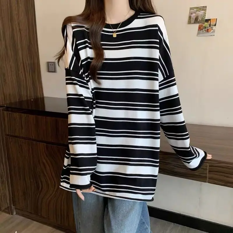 Long Sleeve Casual Femme T-Shirts Autumn Winter Striped Simplicity Undercoat Office Lady Tops Simplicity Women's Clothing 2023