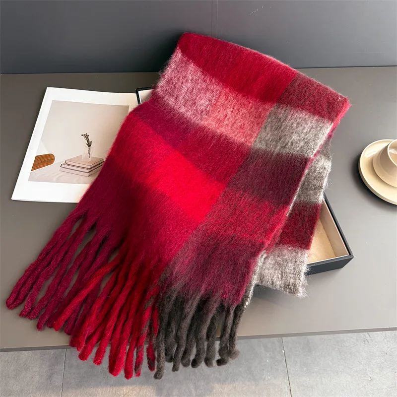 Warmer Dicker Winterschal für Damen, Mohair, Kariert, Weicher Quastenschal, Pashmina, Großer Halsdecken-Schal – Detail 30