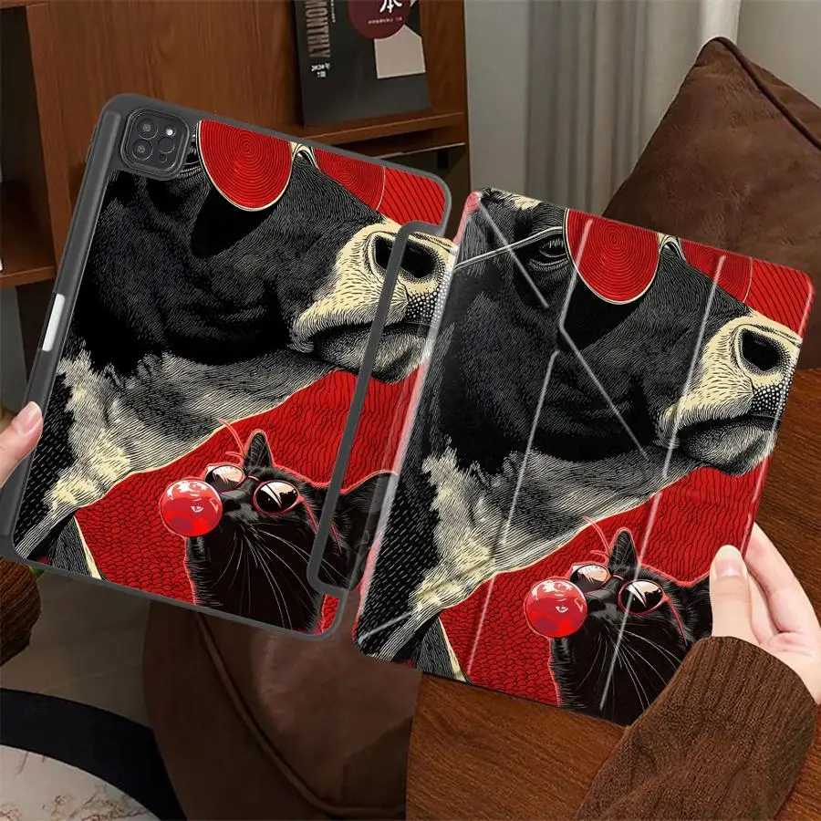 

Чехол для планшета iPad Air 4 5 M3 M2 M4 11 дюймов Pro 11th 10th 9th 8th 7th 12.9 дюймов Mini 6 7 Pro 2025 с держателем и рисунком «Солнечные очки и корова»