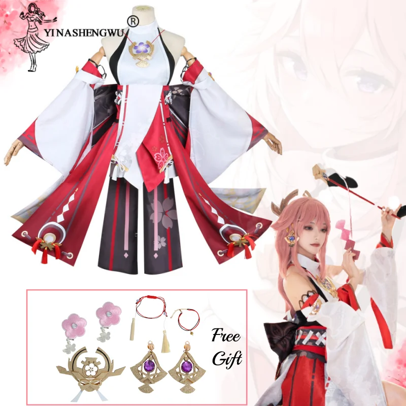 

Genshin Impact Yae Miko Costume Cosplay Anime Guuji Yae Dress Set Uniform Outfit Wig Headwear Halloween Props Suit Comic Jewelry