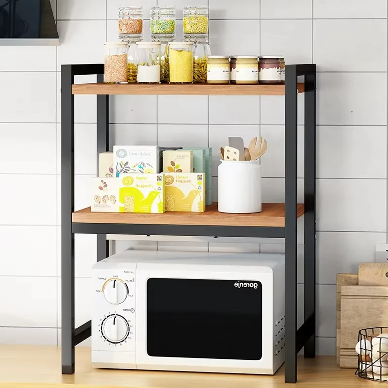 Space Saving Multi-Functional Microwave Stand with Wooden Shelves Countertop Organizer for Spice Cookware Oven Toaster Dinnerwar