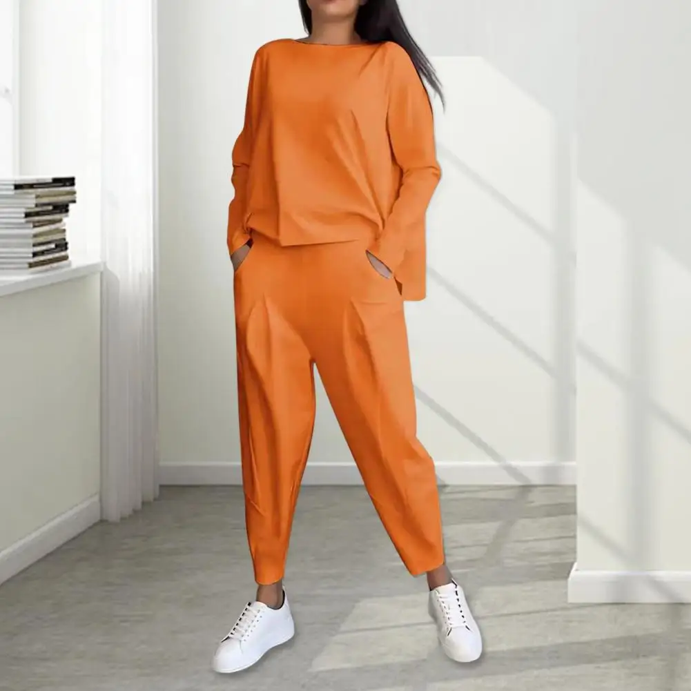 Two-piece Women Top Pants Set Long Sleeves T-shirt Elastic Waist Harem Trousers Commuting Sport Outfit casual loose pantsuit