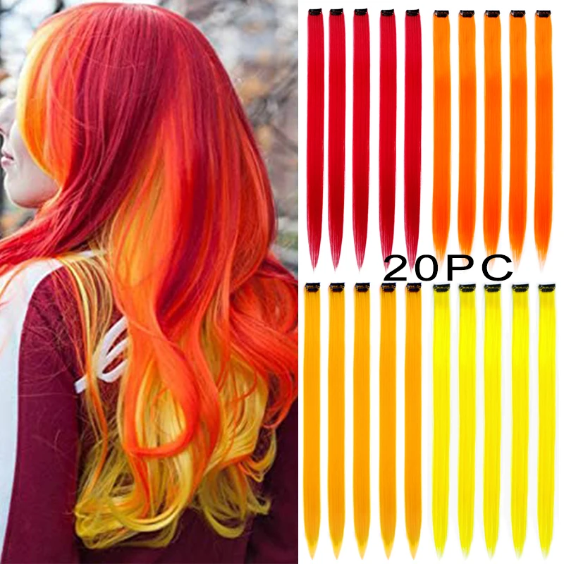 

20 Pcs Colored Party Highlights Colorful Clip in Hair Extensions 22 inch Straight Synthetic Hairpieces for Women Kids Girls Gift