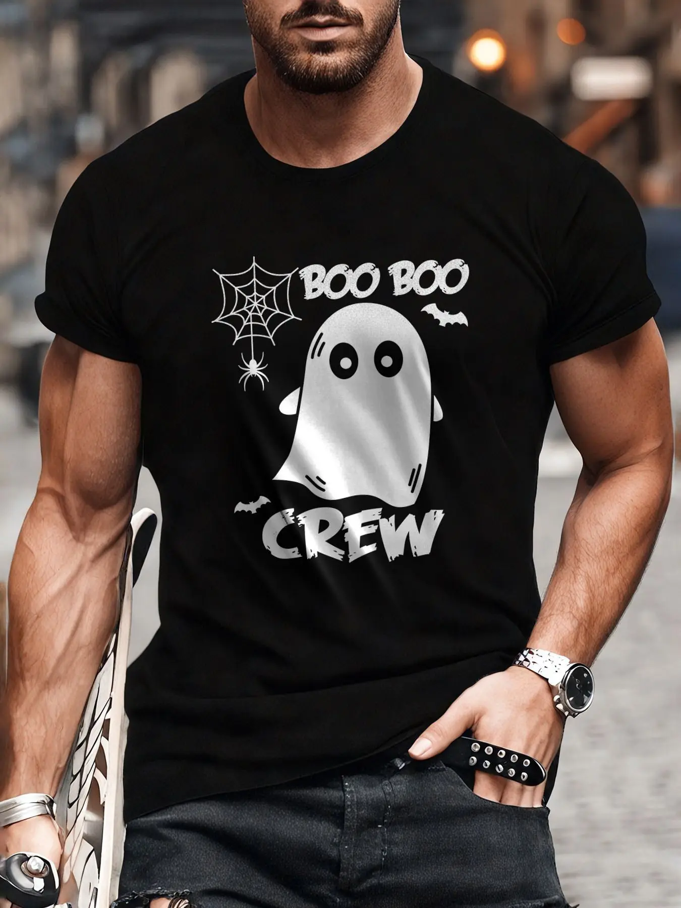 Trendy Men's Short-Sleeve T-Shirt with Ghost Theme Design