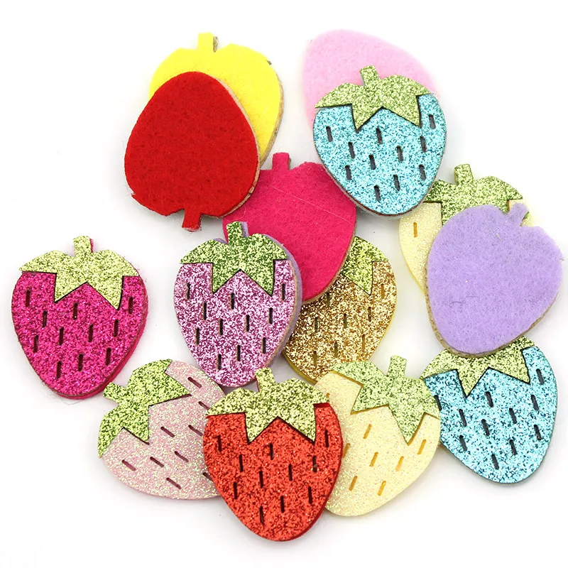 28Pcs 3*3.5cm Glitters Strawberry Felt Padded Appliques For Kids Hairpin Headwear Accessories BB Clip Shiny Decoration wholesale