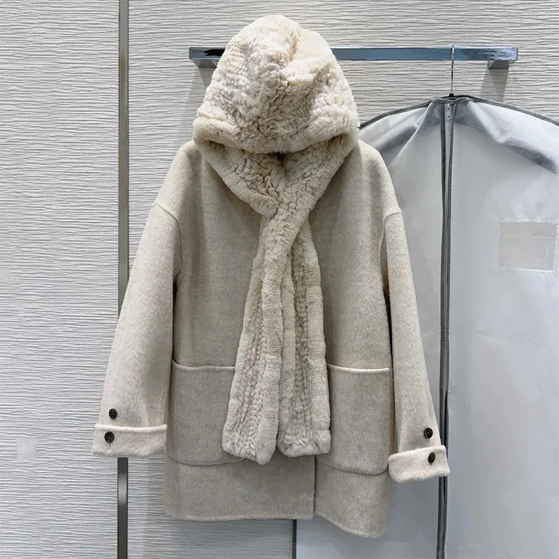 

High-quality women's detachable hooded scarf double-sided woolen tweed coat jacket with luxury and H-ben style 2583115