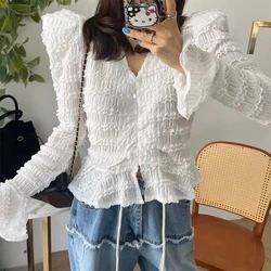 Slim Fit V-Neck Bell Sleeve Shirt Women's Chic Spring New Style Retro Versatile Pleated Hemline Slimming Bell Bottoms Shirt
