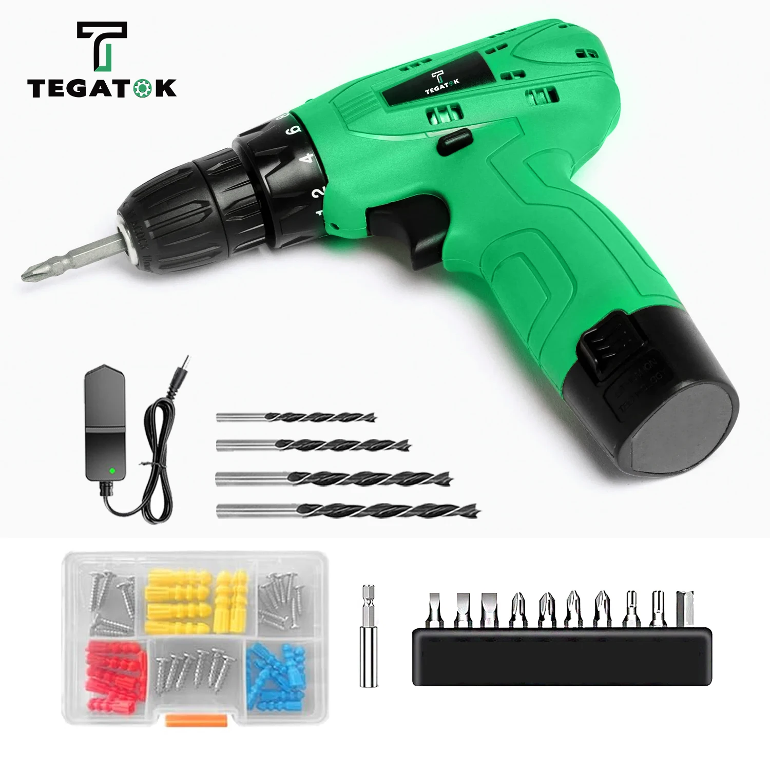 Tegatok Cordless Drill Kit, 12V Drill with Battery and Charger, Variable Speed, 18+1 Torque Drill, 3/8 Inch Keyless Chuck Bit