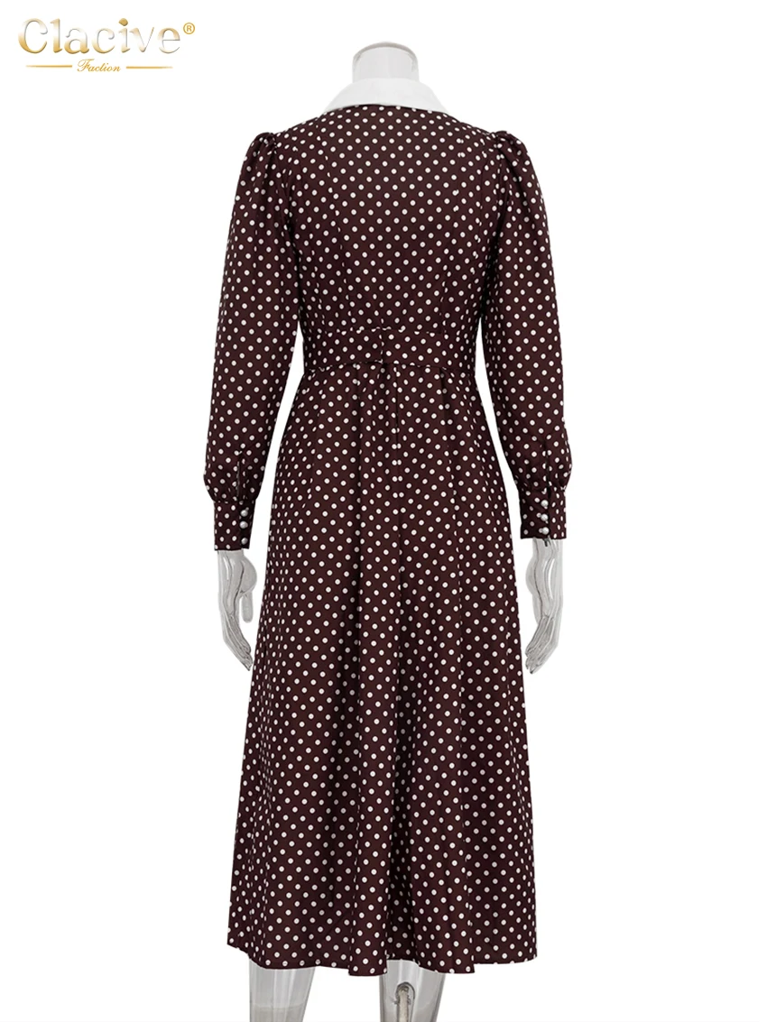 Clacive Fashion Loose Print Women Dress 2025 Casual Lapel Long Sleeve Office Lady Midi Dresses Elegant Classic Belt Female Dress