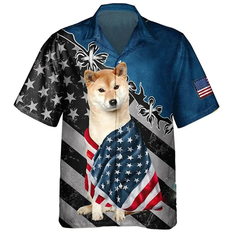 Bandeira americana masculina camisa havaiana, cão estampado em 3D, animal de estimação bonito, padrão animal, camisas de praia, moda, blusas de manga curta, botão lapela superior