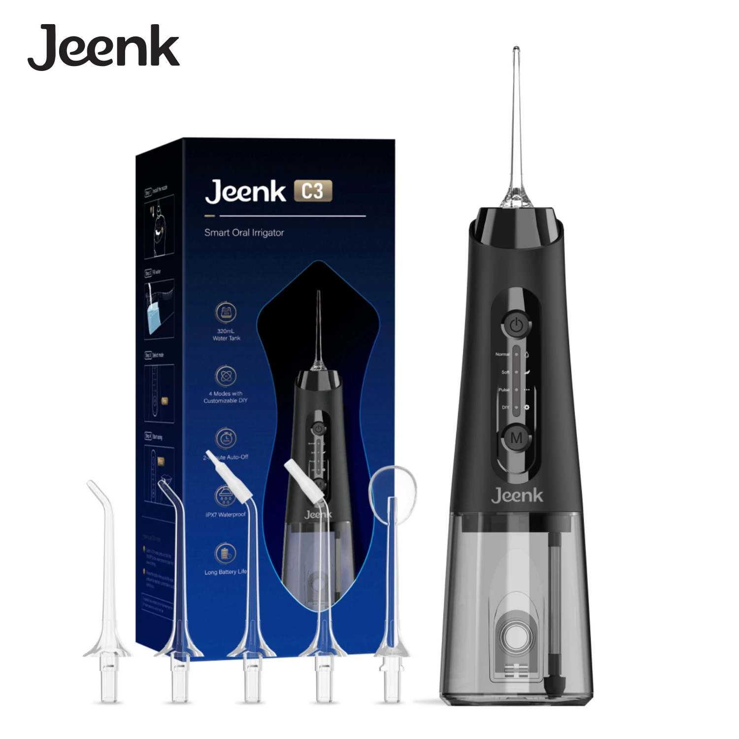 

Jeenk Water Dental Flosser for Teeth Cordless Water Teeth Cleaner 4 Modes IPX7 Waterproof USB Rechargeable 5 Nozzle Tips JK-C3