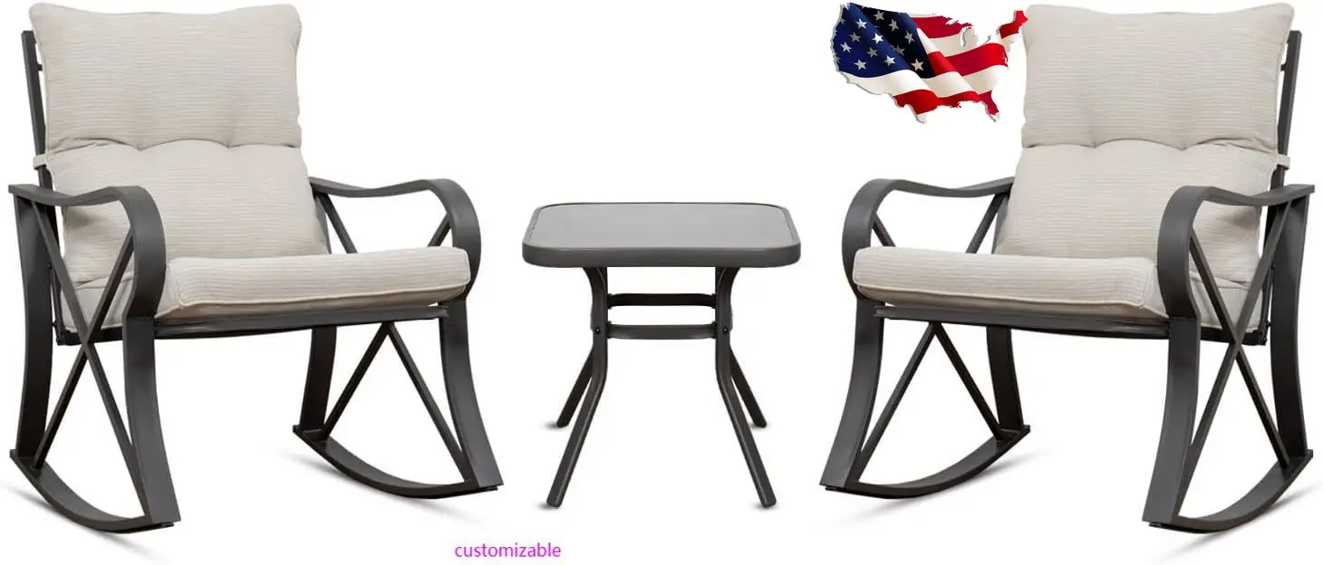 NEU-3-teiliges Bistro-Set, Terrassen-Schaukelstühle, Gartenmöbel mit beige Kissen, Tisch mit Glasplatte für Garten, Pool, Hinterhof