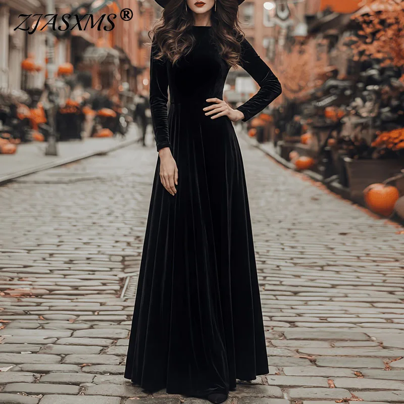 Elegant A‑Line Velvet Maxi Dress Women Crew Neck Long Sleeve High Waist Floor‑Length Flowy Gown Fall Solid Evening Party Dresses