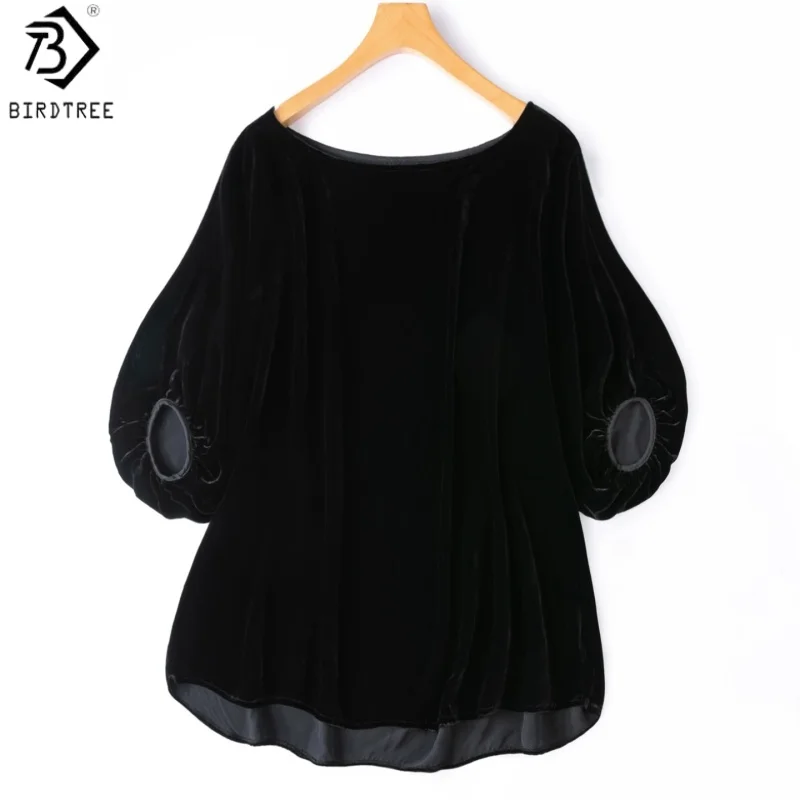 Birdtree, Silk Blended Velvet Tshirt, Batwing Sleeve Slash Neck Tops, Women Black Elegant Loose Shirt, 2026 Autumn New T68716JF