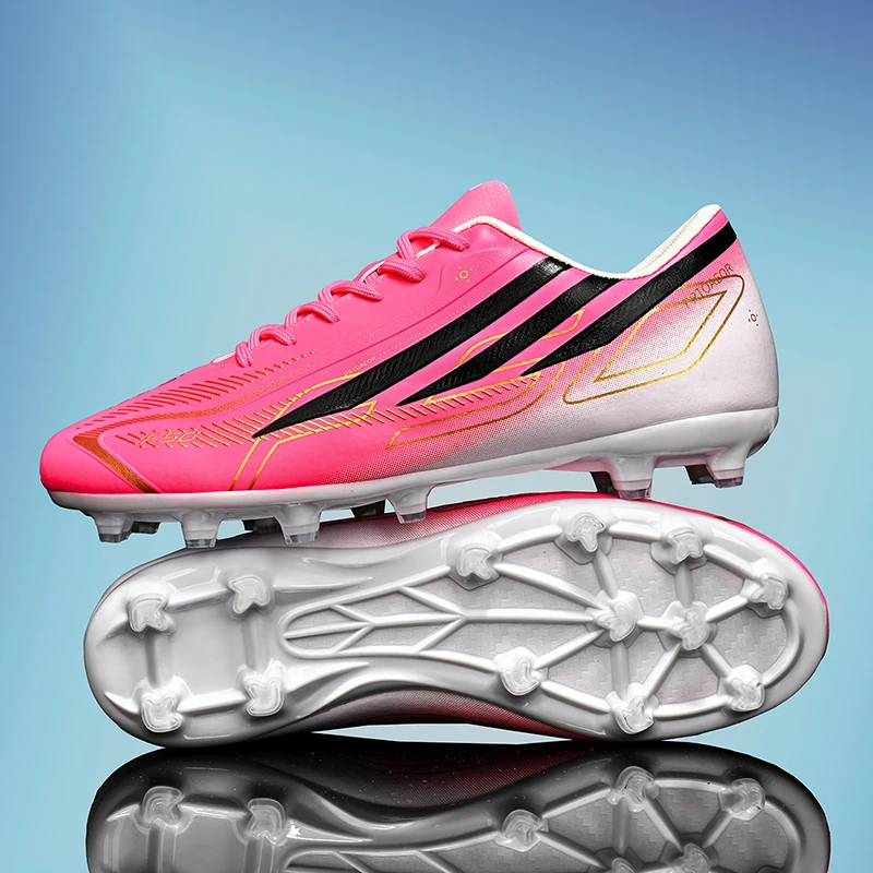 Men's Football Shoes in Pink and Platinum Gradient Ag Long Spikes for Youth Boys, Full-Length Grip and Strong Wrapping Force, Professional Football Shoes for Competition and Training