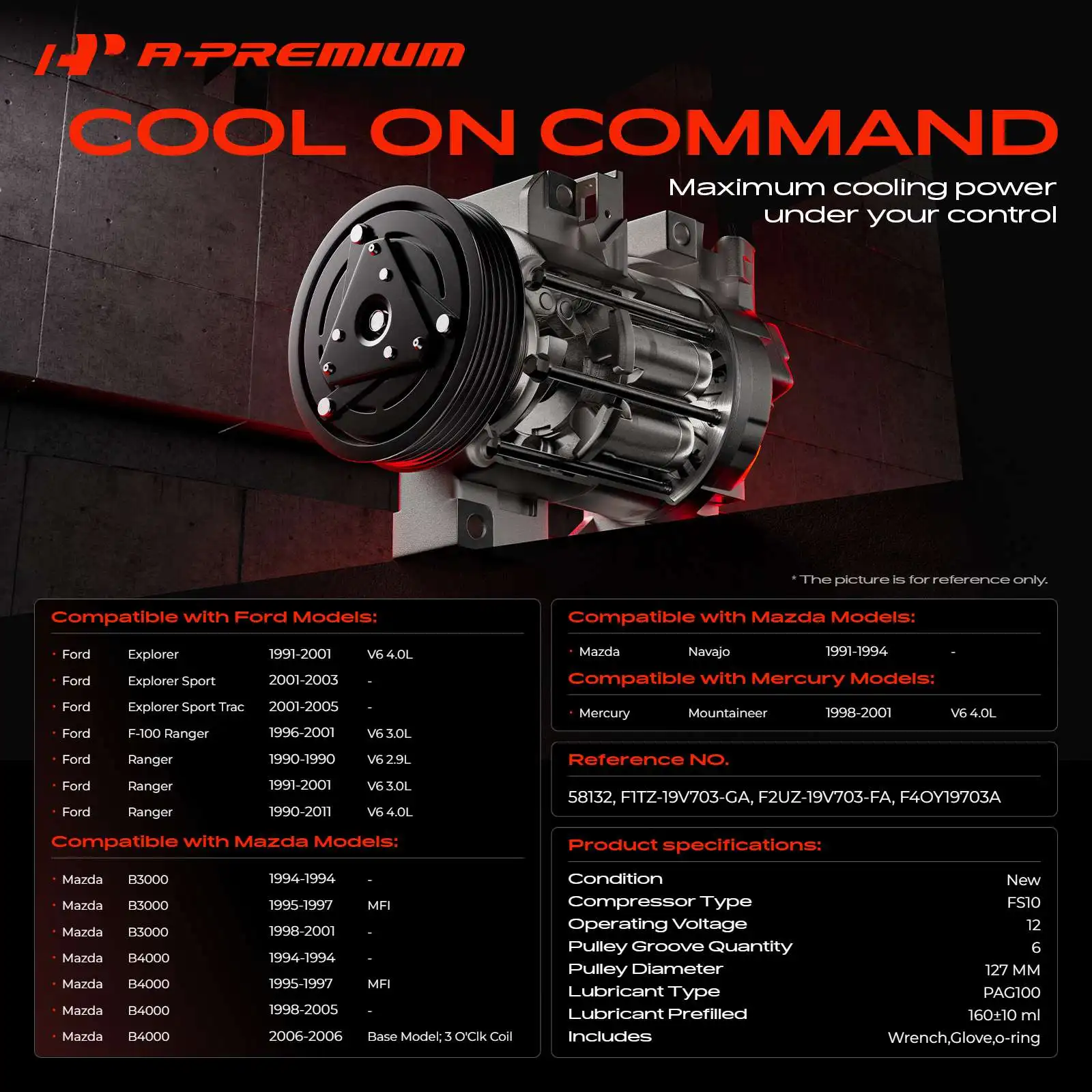 A-Premium AC Compressor with Clutch for Ford F-100 Ranger 1996-2001 Explorer 1991-2001 Ranger 1990-2011 Mazda B3000 1994-2001