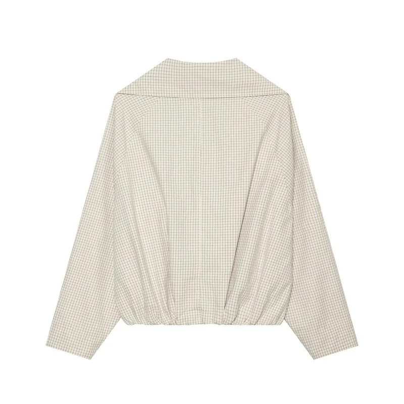 Women 2026 Spring Autumn New Hot Selling Plaid Wrap Collar Loose Raglan Sleeve Cropped Jacket Coat Outerwear Trendy Chic Elegant