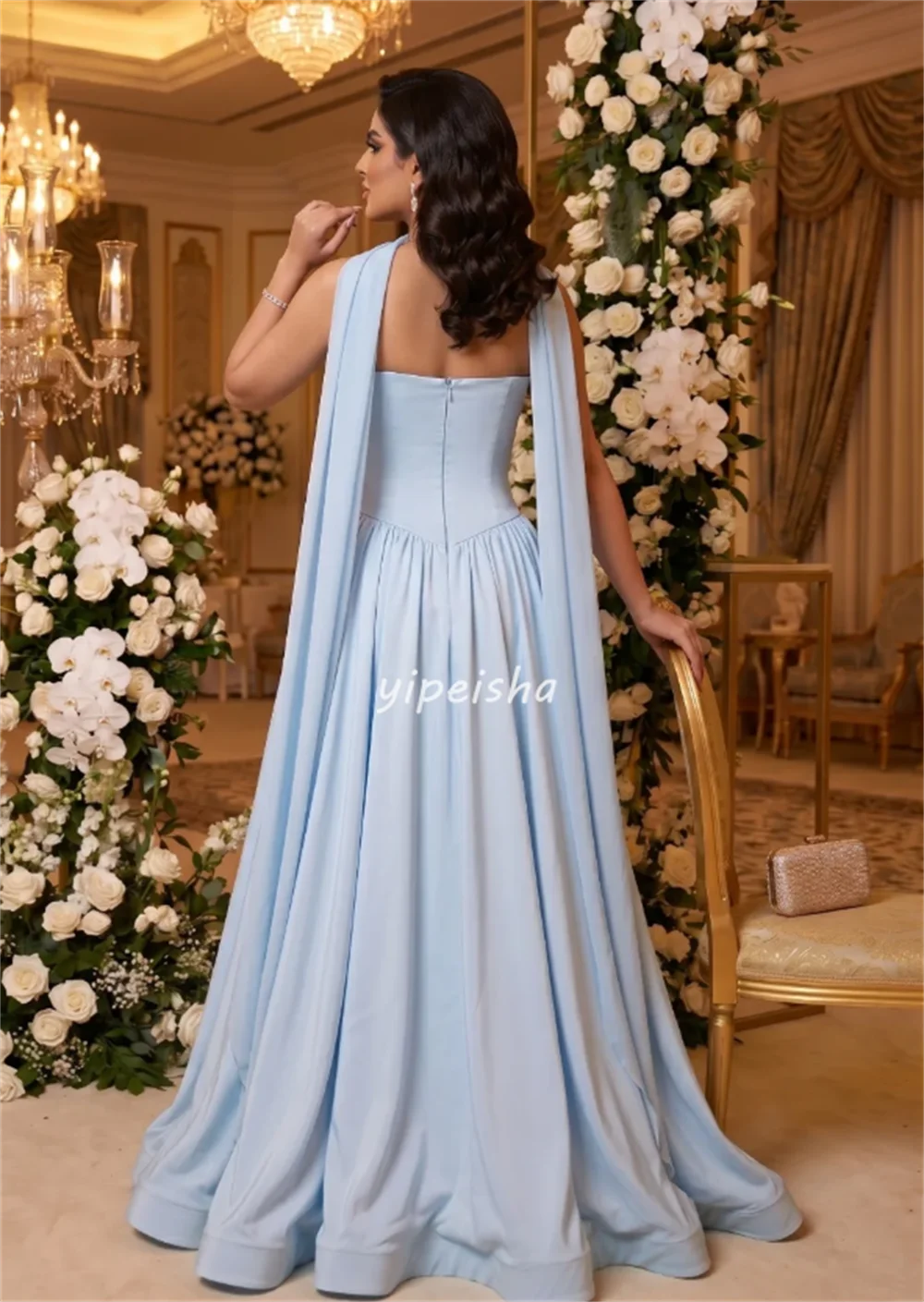 

Customized Fashion Women Jersey Handmade Flower Ruched A-Line Evening Dress Classic Strapless Sleeveless Floor Lenght Party Gown