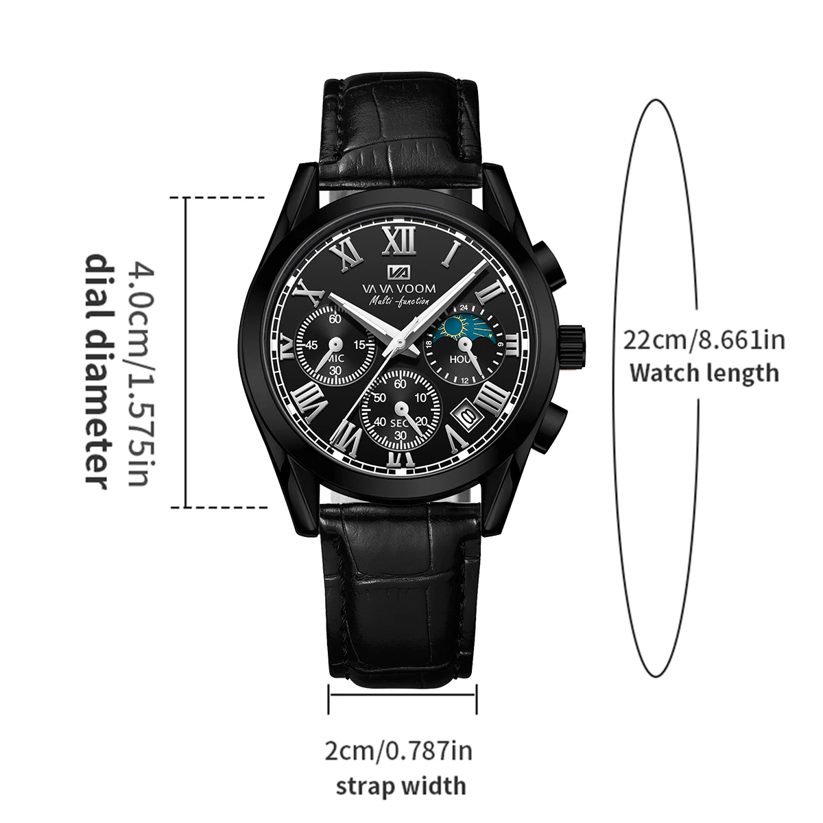 VA VA VOOM 브랜드 남성용 시계 가죽 스트랩 40mm 다기능 타이밍 다이얼 비즈니스 시계 화려한 석영 손목 시계 reloj hombre