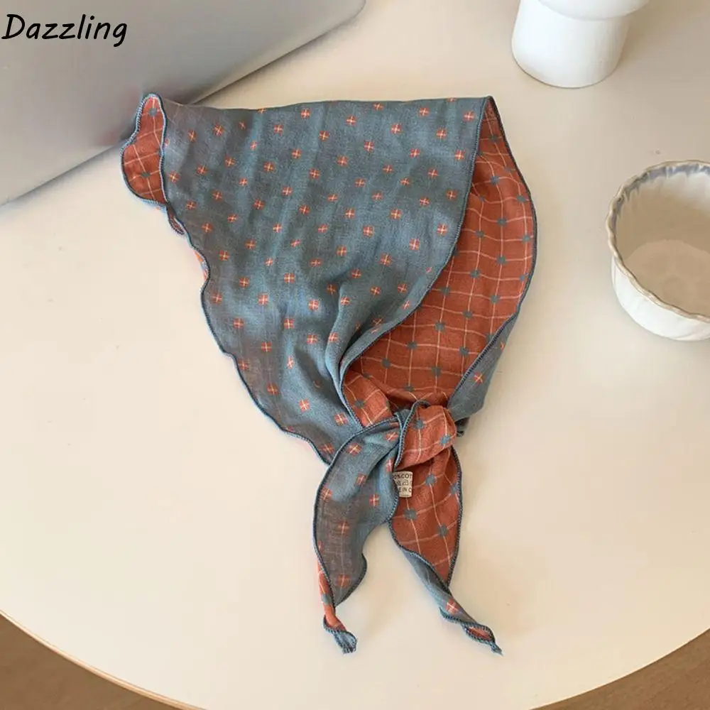 

Sweet Cotton Lattice Headscarf Turban Scarf Pastoral Style Headscarf Vintage Thin Triangular Hair Band Clothing Accessories