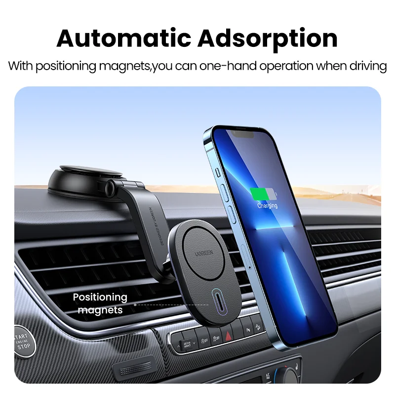 UGREEN Magnetic Car Phone Holder Stand Wireless Charger For iPhone 16 15 14 13 12 Pro Max Charging for Magsafe Car Charger 7.5W