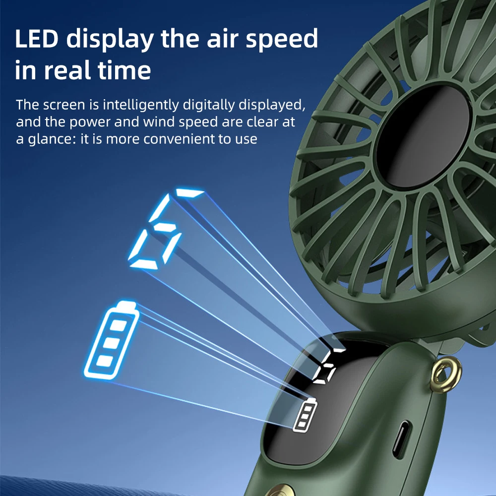 مروحة صغيرة محمولة مع 6 إعدادات للسرعة، تصميم USB قابل لإعادة الشحن وقابل للطي، حامل هاتف معلق على الرقبة، محمول للمكتب/الخارجي