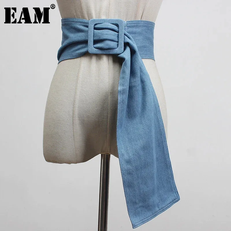 

[EAM] Blue Denim Big Buckle Irregular Split Joint Long Wide Belt Personality Women New Fashion Tide All-match Spring 2024 1Y100