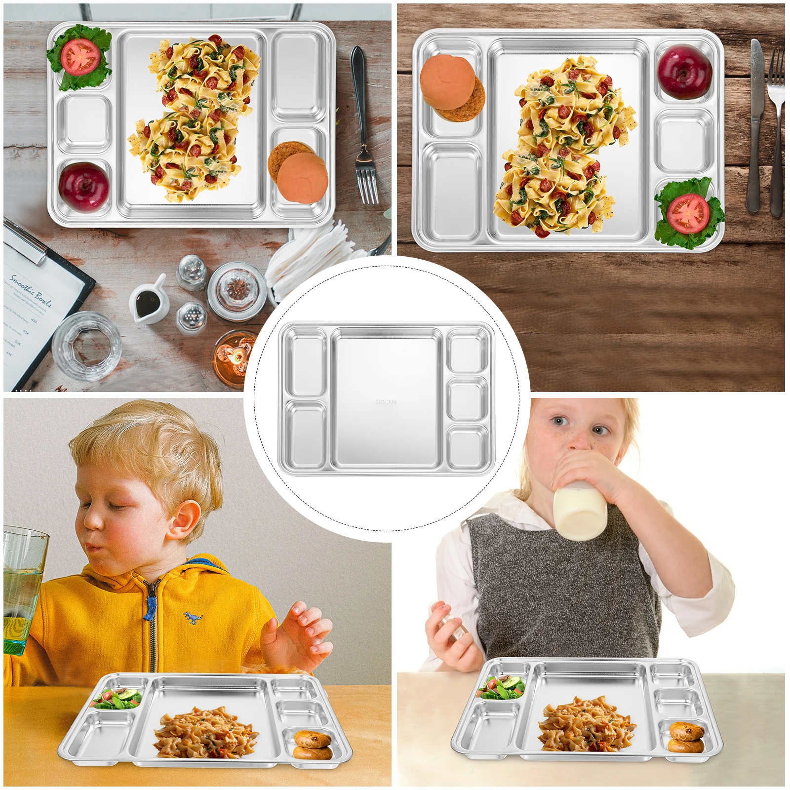 

Stainless Steel Divided Plate Fruit Platter Molded Plates Dinner Food Tray Grid Compartment Serving Kitchen Bar Utensils
