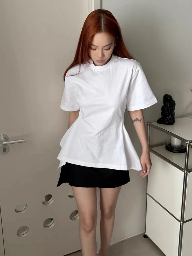 Women Waist Cinched Irregular Solid T-Shirt Round Neck Short Sleeve Split Hem Slim Fit Korean Summer Casual Basic Street Tops