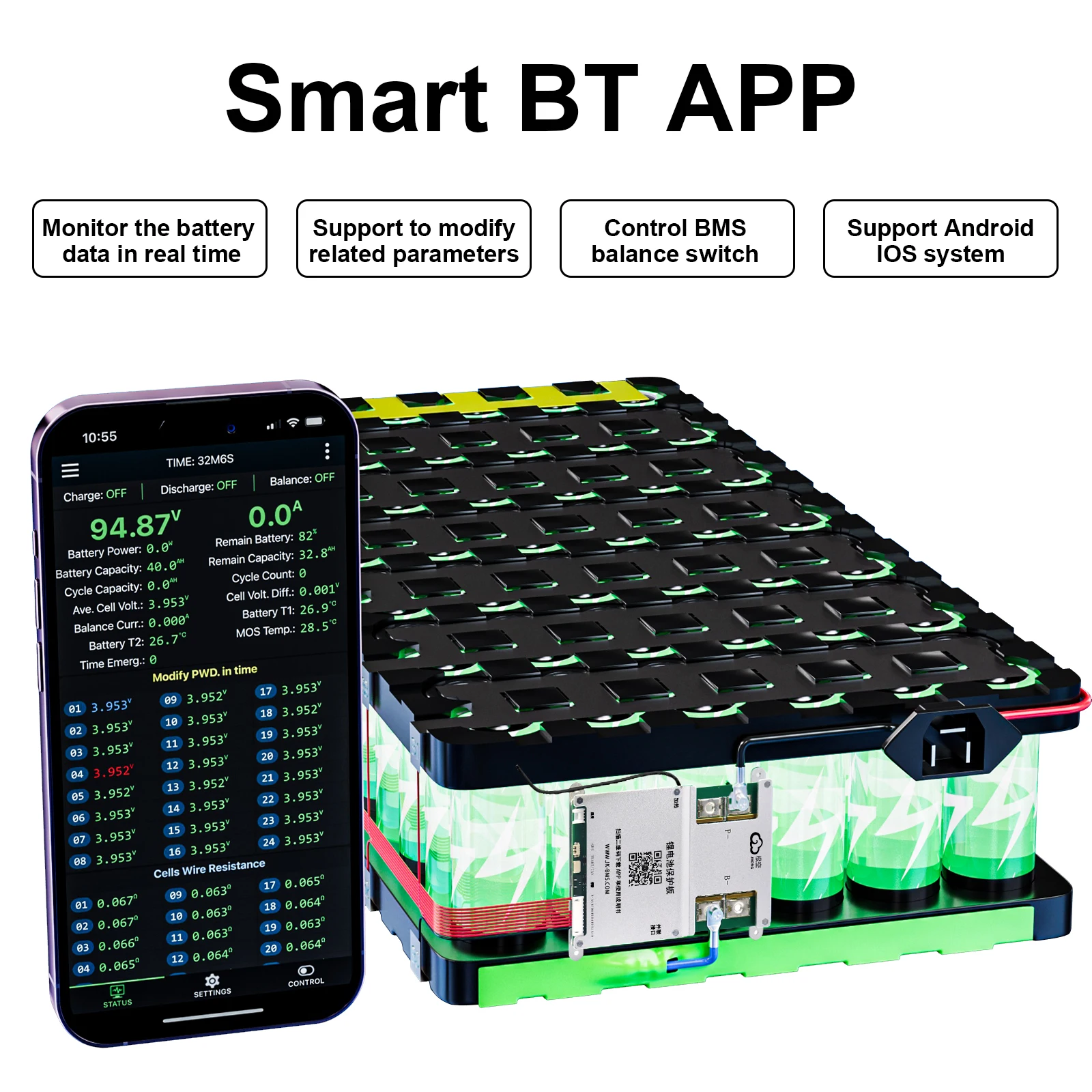 JIKONG V19 JK BMS 4S-8S-24S Smart BMS BT APP RS485 CAN HEAT 0.4A-2A 12V-100V Active Balance BMS for Li-Ion lifepo4 LTO Battery